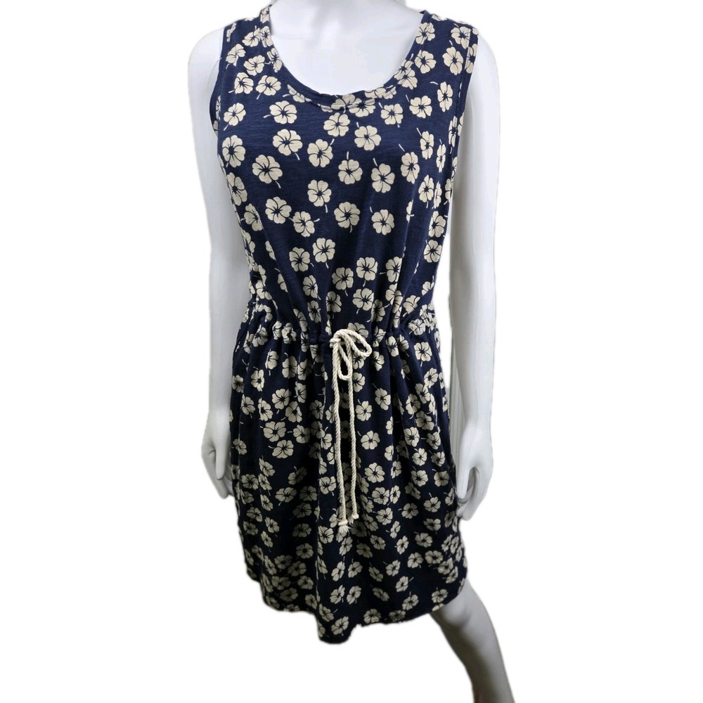 Lands End Navy Floral Tee Shirt Dress nautical rope drawstring cinched beach M